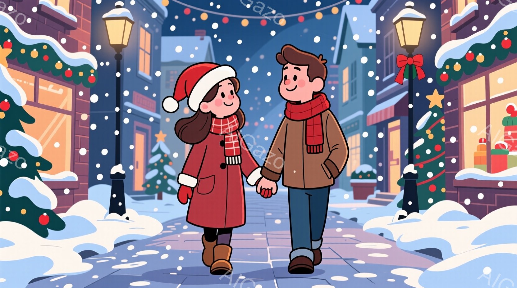 雪が降る街並みを、赤いコートと帽子を身につけた女性と茶色のコートを着た男性が手をつないで歩いている。女性は長い茶色の髪で、微笑んでおり、男性は短い髪で、穏やかな表情をしている。背景には、クリスマスツリ - AI生成フリー素材