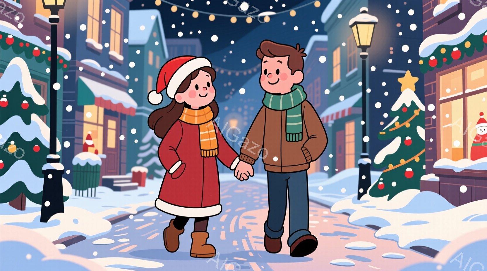 雪の降るクリスマスの街並みを歩く若いカップルを描いています。女性は赤いコートに白い帽子とマフラーを巻き、男性は茶色のジャケットに緑のマフラーを巻いており、二人とも楽しそうな笑顔を浮かべて手をつないで歩 - AI生成フリー素材