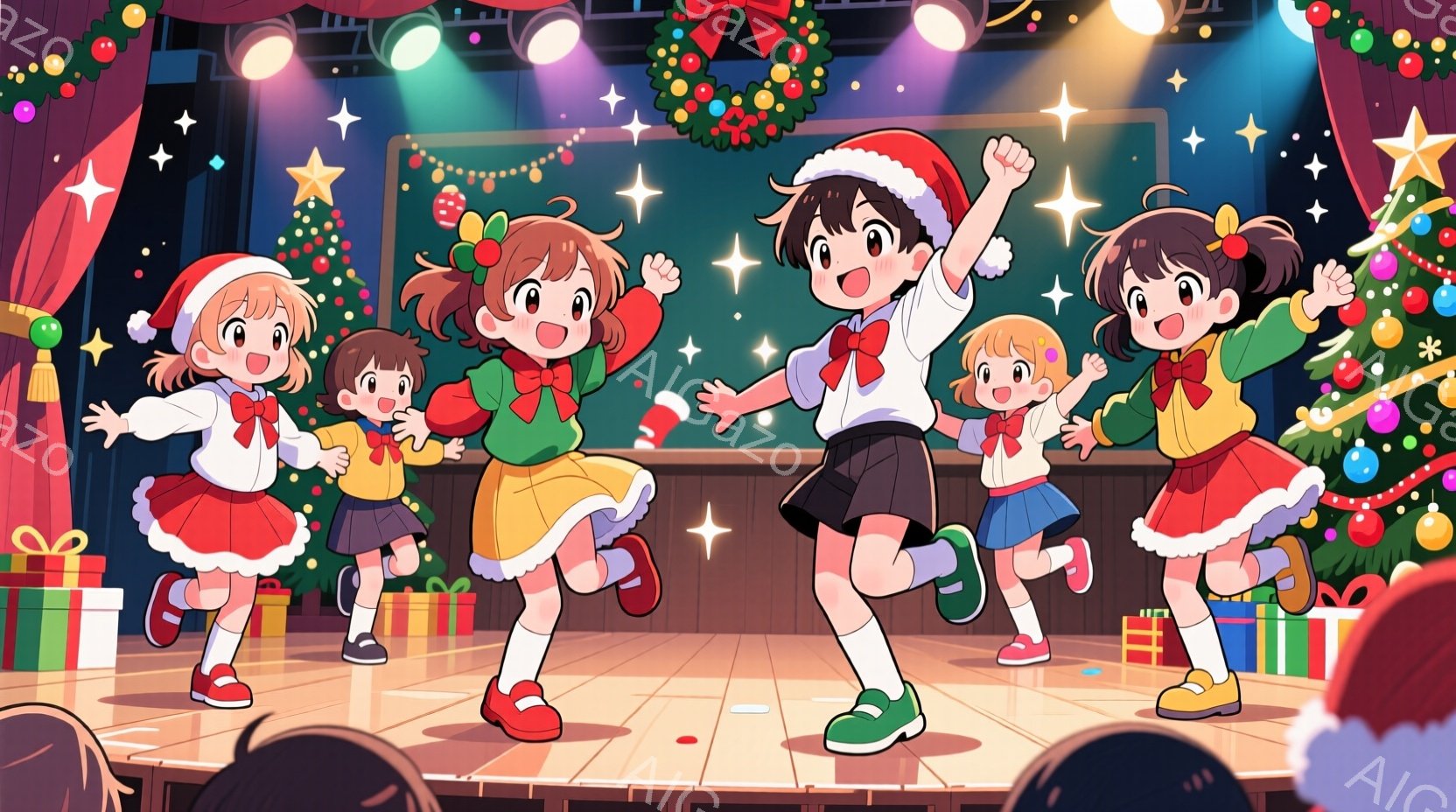 クリスマスを祝う子供たちがステージ上で踊っています。赤いサンタの帽子と緑のクリスマスツリーが背景にあり、カラフルなプレゼントの箱が置かれています。子供たちは皆、赤いリボンと白い靴下を身に着け、笑顔で活 - AI生成フリー素材