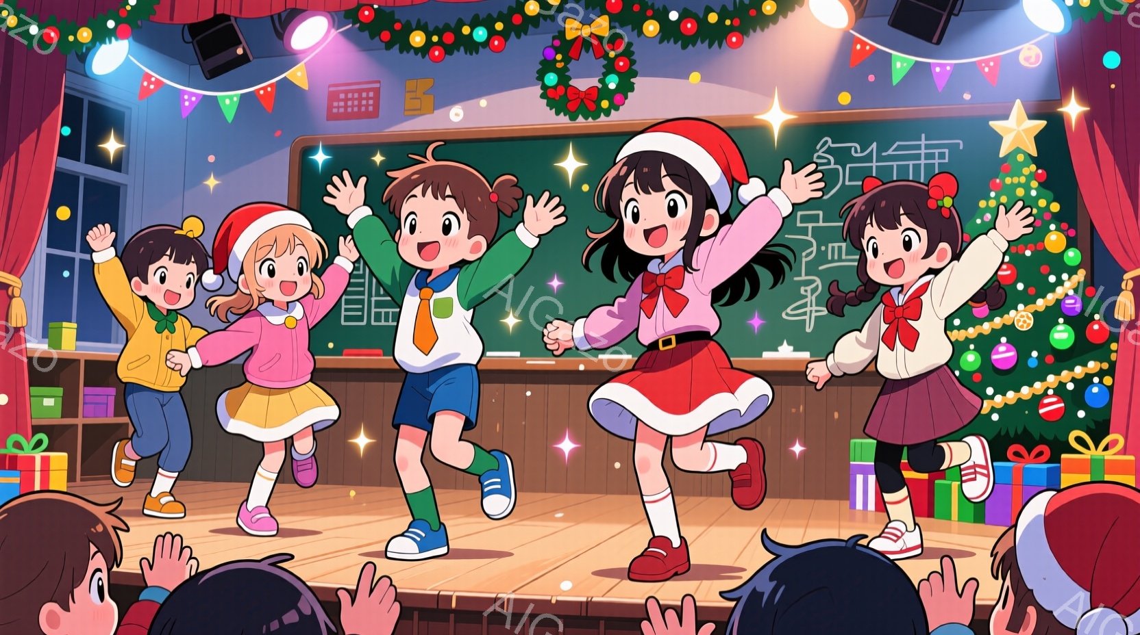 複数の子供たちがクリスマスをテーマにしたステージで踊っています。赤いサンタ帽をかぶった女の子は、白いフリルのついた赤いワンピースを着て、楽しそうに手を振っています。背景にはクリスマスツリーやプレゼント、そしてクラスルームの様子が見え、全体的に明るく活気のあるお祝いの雰囲気です。