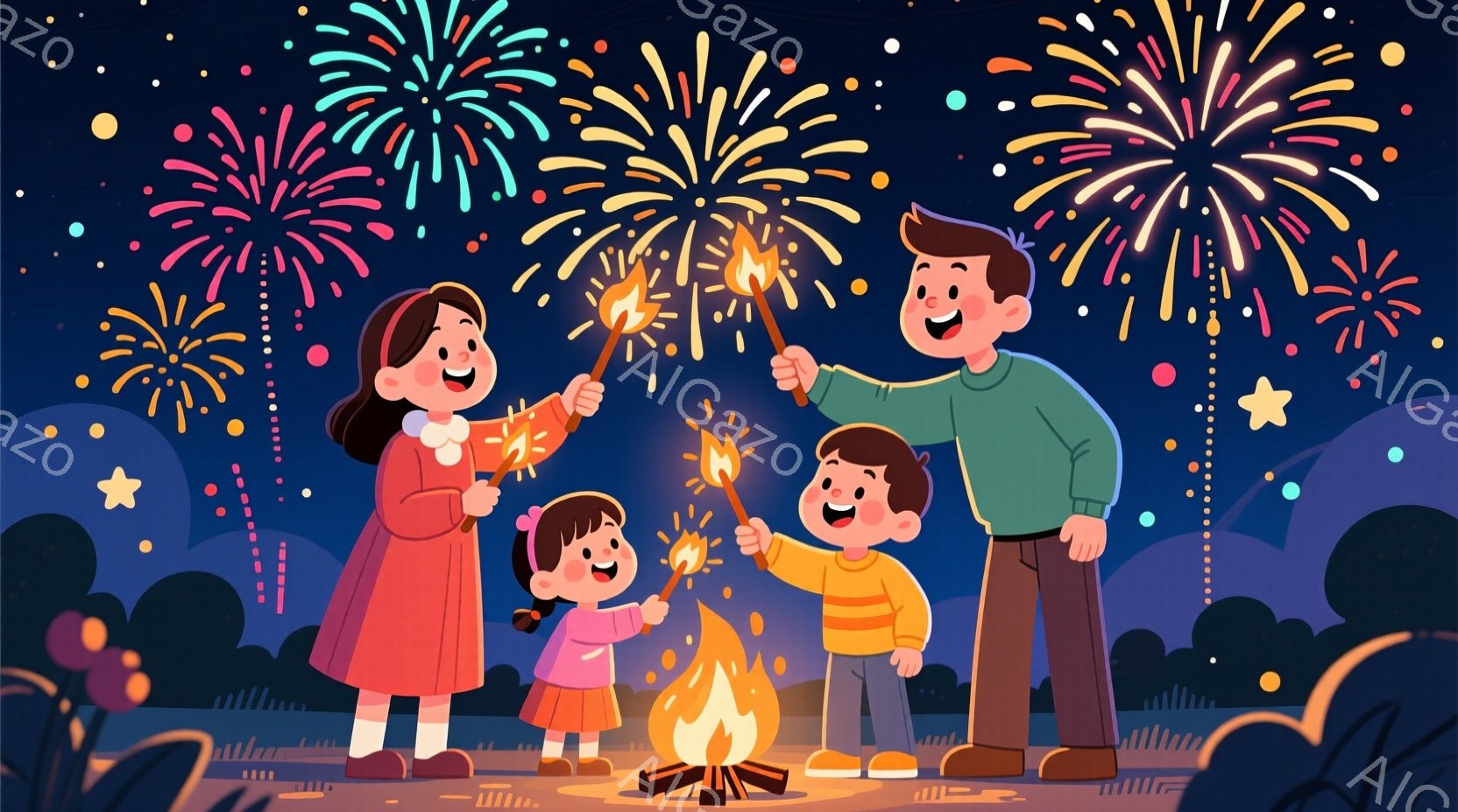 このイラストは、夜のキャンプファイヤーを囲む家族を描いています。母親は赤いワンピースを着ており、髪は後ろで結ばれています。父親と息子はそれぞれ緑とオレンジのセーターを着ており、楽しそうに花火の棒を持っています。