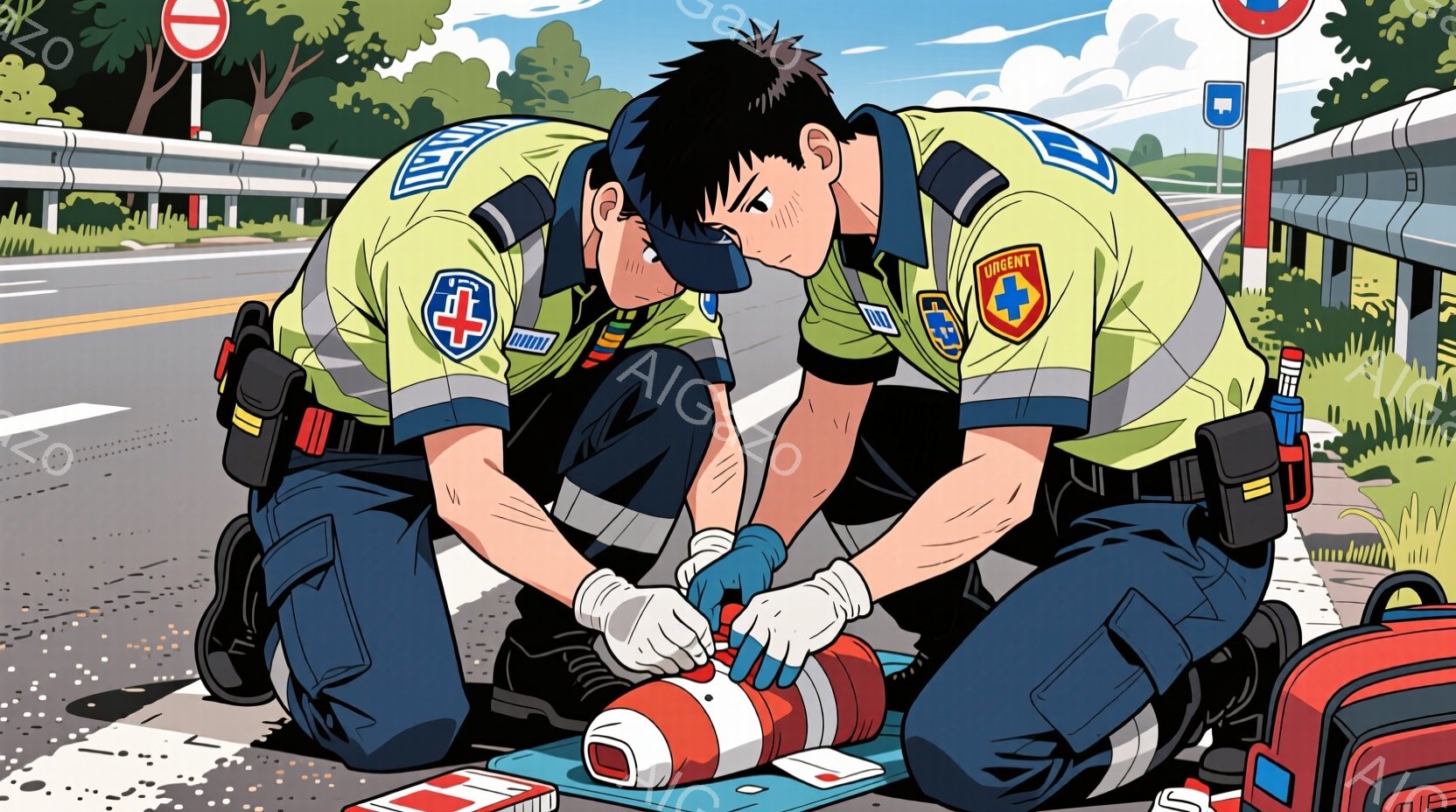 二人の救急隊員が路上で患者の手当をしている様子が描かれている。彼らは黒いズボンと白い上着に、赤い十字のマークが入ったワッペンをつけており、膝をついて患者の脚に包帯を巻いている。背景には高速道路と緑豊かな草地が広がり、晴天の下、緊急事態に対応する緊迫感とプロフェッショナリズムが感じられる。