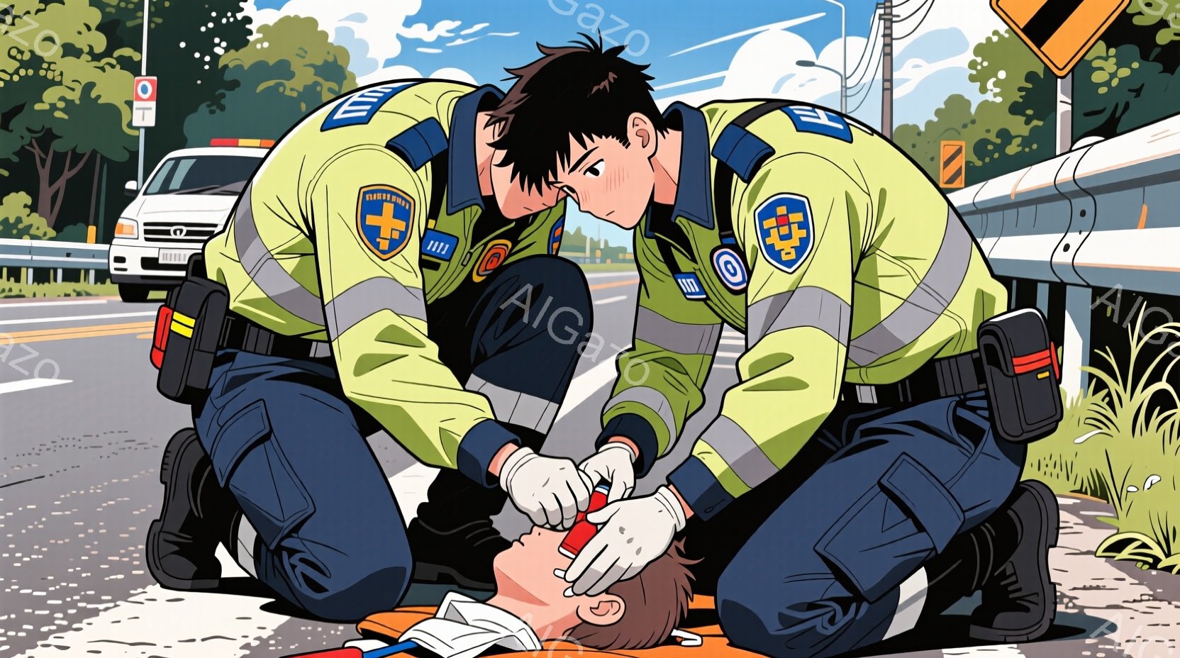 救急隊員と思われる二人が、路上に横たわる負傷者の応急処置を行っている。彼らは明るい黄緑色の制服を着用し、黒髪で短髪、真剣な表情で負傷者の顔付近に集中している。背景にはアスファルトの道路、緑豊かな草地、そして遠くに見える車両や標識があり、晴天の下、緊急事態の緊迫感が伝わる。