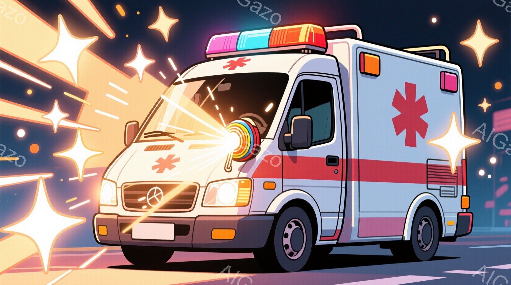 白と赤の救急車が、星のような光のフレアに照らされています。車両には赤十字マークが描かれ、夜空のような背景に、オレンジと黄色の光が散りばめられています。全体的に、緊急性と希望が混ざり合った、活気に満ちた雰囲気です。