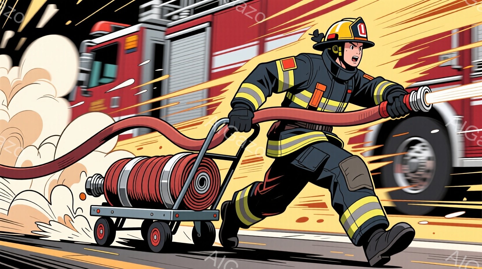 消防士がホースを積んだリールを走らせている様子が描かれている。彼は防火服とヘルメットを着用し、真剣な表情でホースを操作している。背景には消防車がぼやけ、緊急事態の緊迫感が伝わってくる。