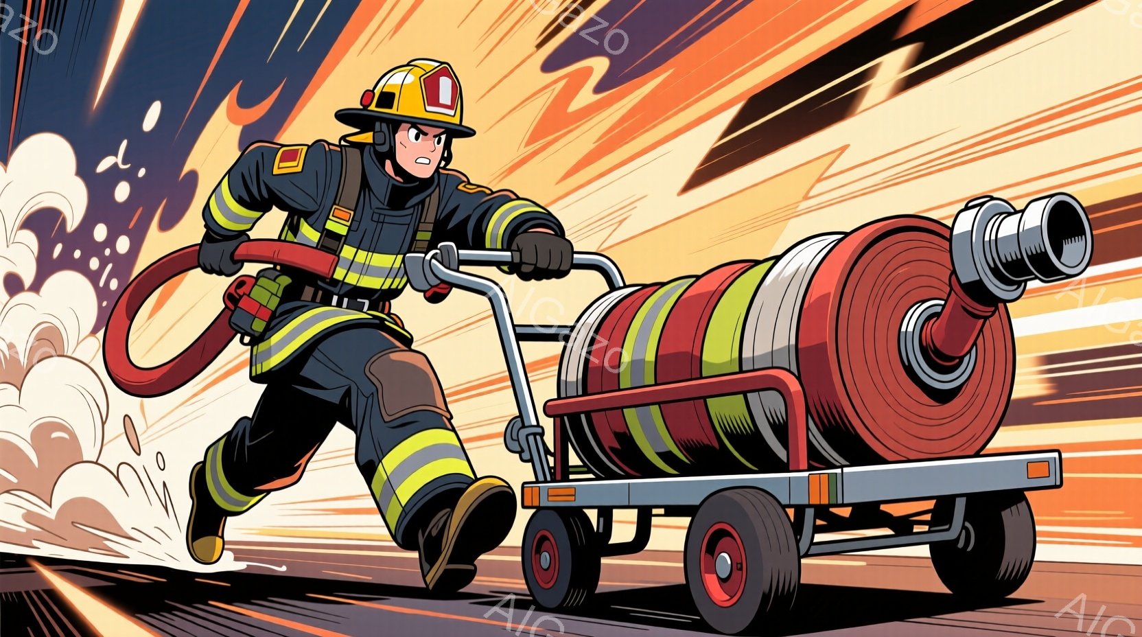 消防士がホースを積んだ台車を押しながら、強い意志を持って走っている姿が描かれている。彼は、黄色のヘルメットと防火服を身につけ、黒髪を覗かせている。背景は燃え盛る炎と煙で満たされ、緊迫した状況を表現している。