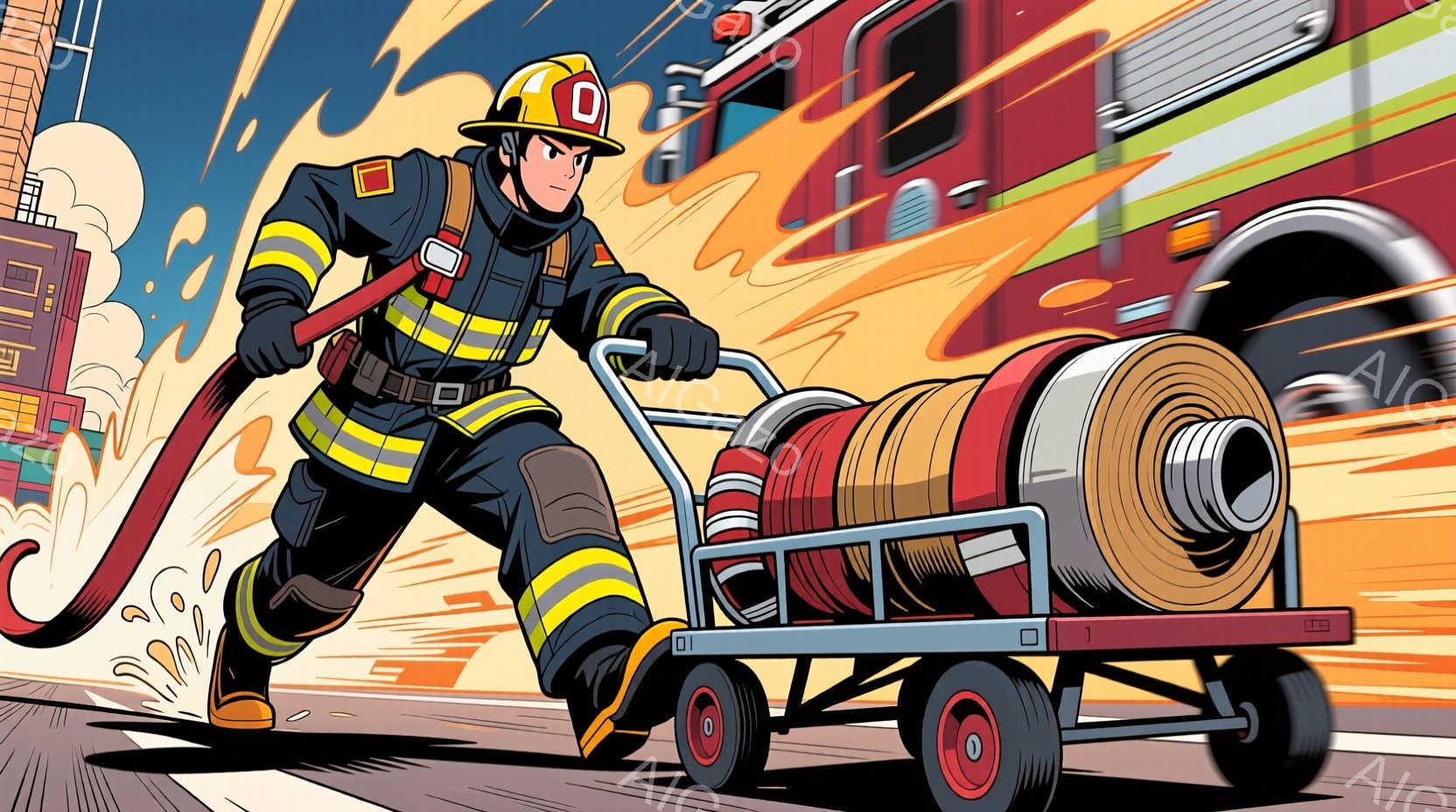 消防士が防火服を着用し、ホースを操作しながら赤い防火車と共に走っている。彼の姿勢は力強く、緊急事態に対応しようとする決意が感じられる。背景には建物が描かれ、炎と煙が立ち込める緊迫した状況が表現されている。