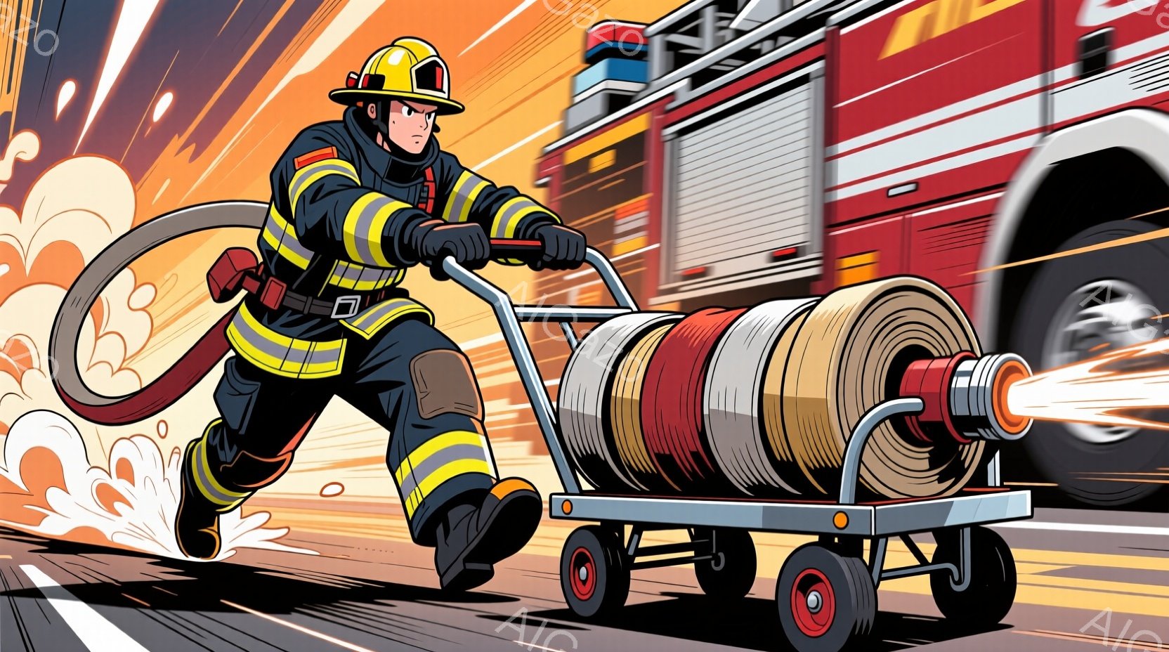 消防士が消防車に向かって走っているイラストです。彼は防火服、ブーツ、ヘルメットを着用し、真剣な表情でホースを巻き取ったリールを引いています。背景には消防車と、動きを強調する速度線があり、緊急事態の緊迫した雰囲気を示しています。