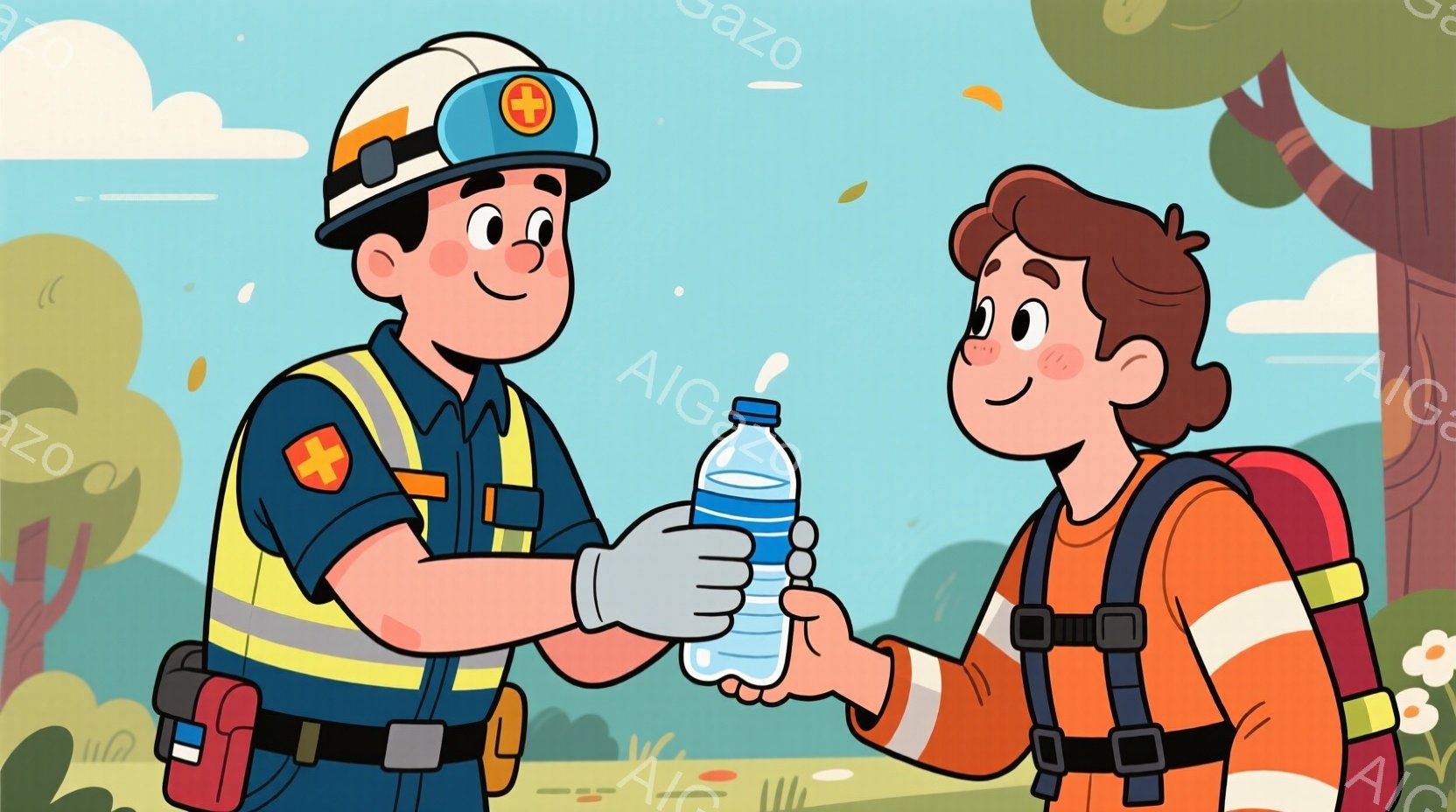 救急隊員と思われる男性と女性が水筒を交換している様子が描かれています。男性は濃い青色の制服にヘルメットを着用し、女性はオレンジ色の制服を着ています。背景には緑の植物や花が咲き乱れ、天候は晴れで、全体的 - AI生成フリー素材