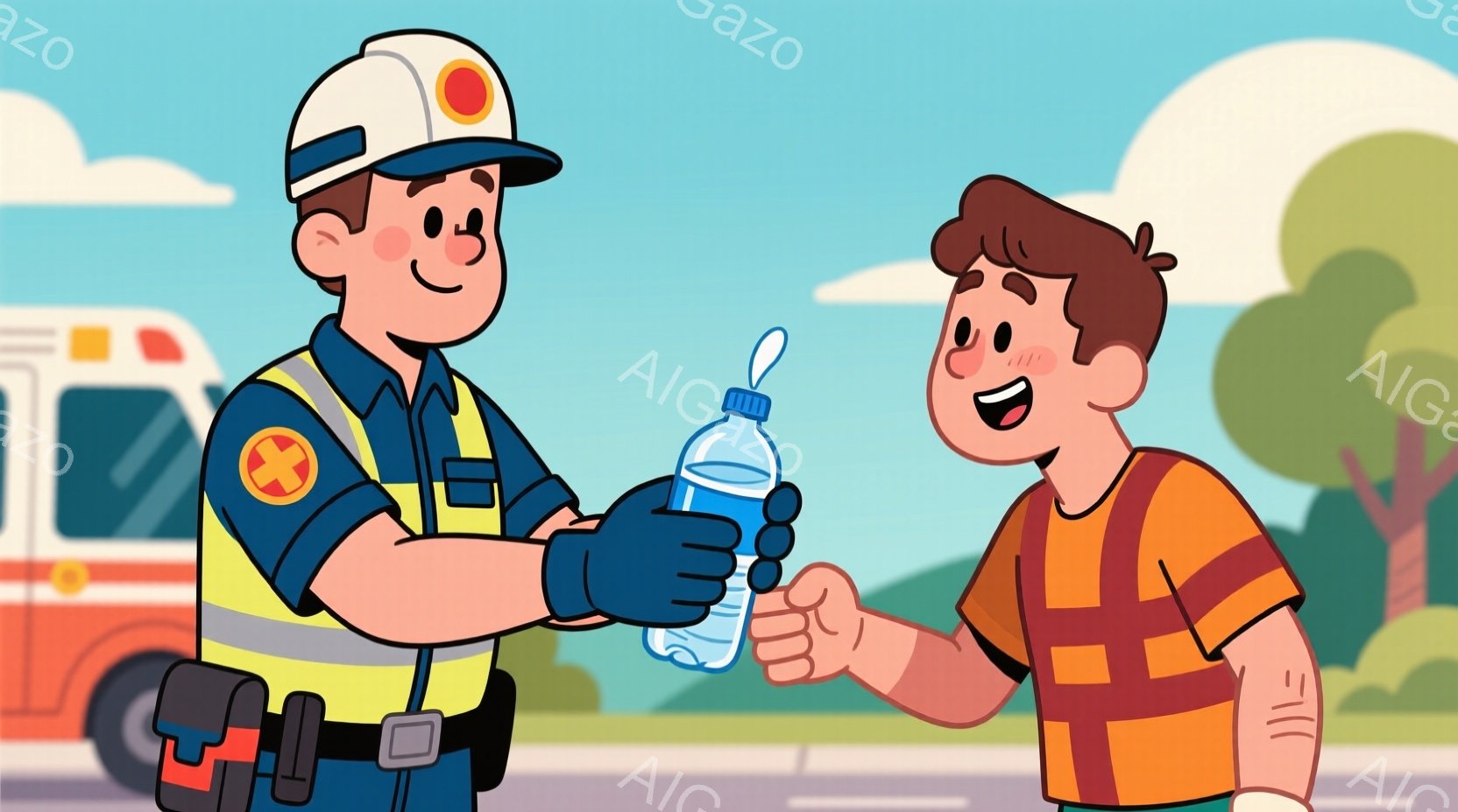 救急隊員と思われる男性が、オレンジ色のシャツを着た少年に対して水筒を差し出している。男性はヘルメットと反射ベストを着用し、真剣でありながら優しい表情をしている。背景には救急車、緑の木々、そして晴天の空が描かれており、全体的に安心感と温かい雰囲気が漂っている。