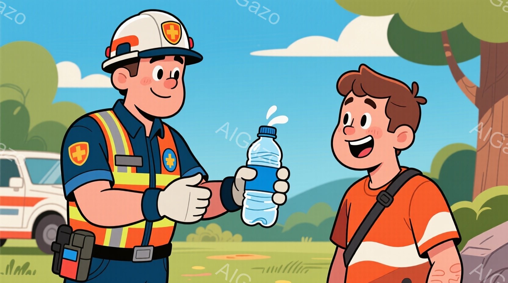 救急隊員と思われる男性が、少年にお水を差し出しています。男性はヘルメットと反射ベストを着用し、オレンジ色のシャツを着た少年は嬉しそうにそれを受け取っています。背景には救急車と緑豊かな自然があり、晴天で温かい雰囲気です。