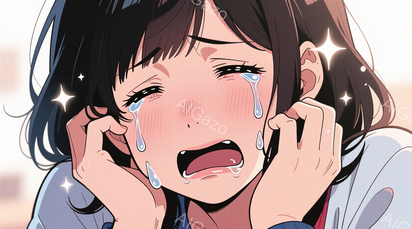 泣き叫んでいる若い女性を描いています。彼女はダークブラウンのボブヘアで、白い襟付きのシャツと濃い青色のベストを着ています。表情は非常に苦痛で、目から大量の涙が流れ落ち、口は大きく開いています。