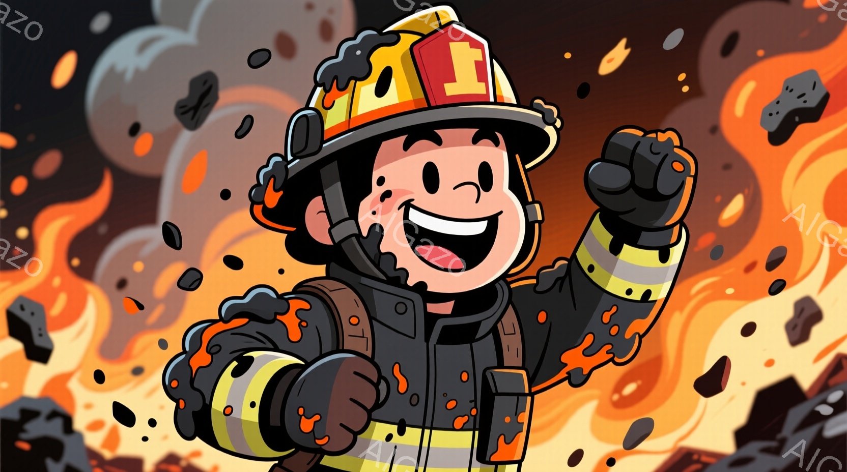 消防士の男性が描かれており、明るい笑顔を浮かべて両手を拳に握り、力強くポーズをとっています。彼は消防士の制服とヘルメットを身につけ、明るいオレンジと黄色の色彩が特徴的です。背景には炎と煤が飛び散っており、激しい火災現場の臨場感を高めています。