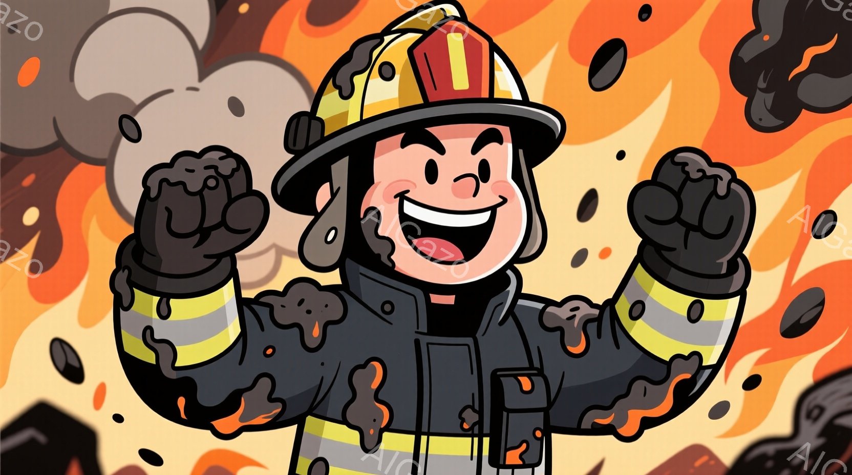消防士の男性が、両手を高く上げて勝利を喜んでいる姿が描かれています。彼は防火服とヘルメットを着用し、顔には煤がついていますが、満面の笑みを浮かべています。背景は燃え盛る炎と黒い煙で覆われており、危険な状況下でも勇敢な姿勢を示しています。