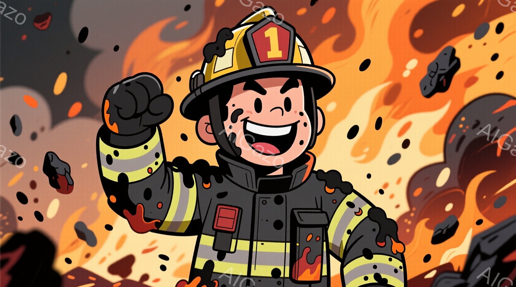 消防士の男性が描かれており、黒い制服に黄色い反射材が施され、ヘルメットには「1」の文字が描かれています。彼は片手を高く上げ、満面の笑みを浮かべており、活気に満ちたポーズをとっています。背景は燃え盛る炎と煤で満たされ、危険な状況を表していますが、男性の表情は勇敢さと自信に満ちています。