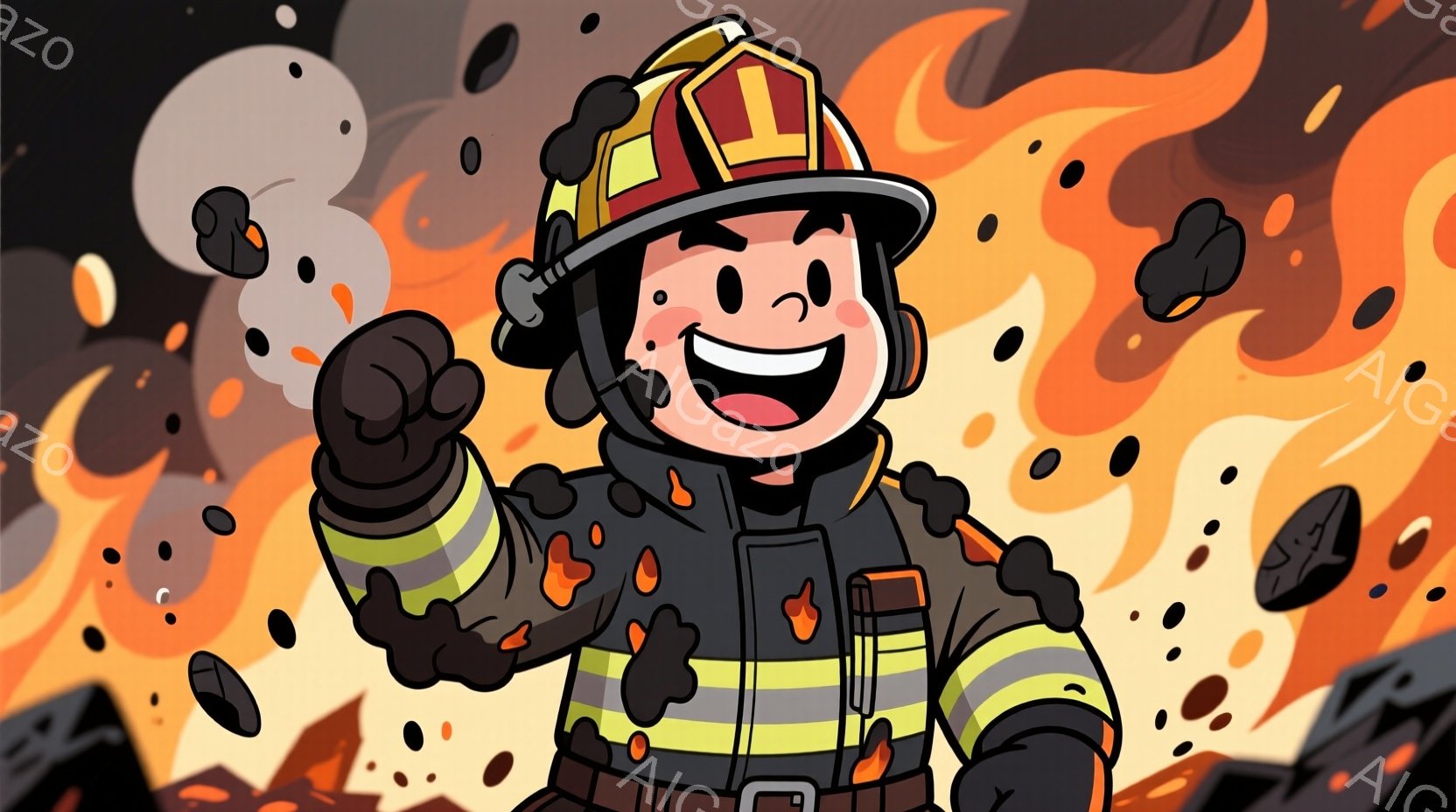 消防士の男性が描かれており、煤で汚れた制服を着て、片手を高く上げて勝利をアピールしています。笑顔で明るい表情をしており、背景には炎と黒い破片が飛び交い、熱気に満ちた状況が表現されています。全体的に勇ましい雰囲気で、困難を乗り越えた消防士の力強さを感じさせます。