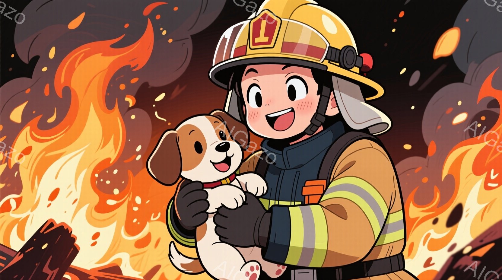 消防士の男性が小さな犬を抱きかかえており、顔には安心と喜びの表情が浮かんでいます。彼は黒い耐火服に黄色い反射材が入ったジャケット、ヘルメットを着用しており、背景は燃え盛る炎と煙で満たされています。全体的に、危険な状況下でも救助活動に専念し、命を救うヒーローの姿が表現されています。