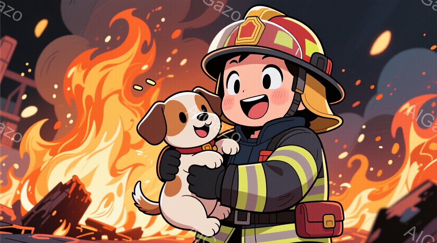 消防士の制服を着た女性が、小さな犬を抱きかかえて笑顔を浮かべている。背景には炎と焼けこげた建物が広がり、緊迫した状況ながらも、彼女の表情は明るく安心感を与えている。全体的に、困難な状況でも希望を感じさせる温かい雰囲気のイラストである。