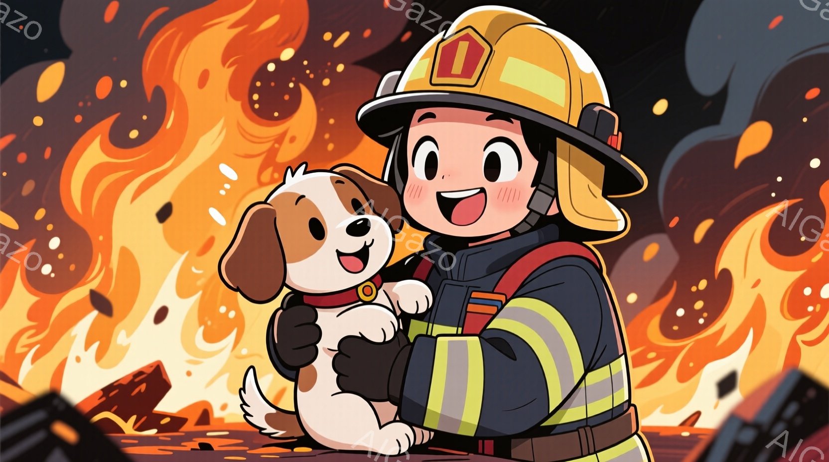消防士の制服を着た少年が、小さな白い子犬を抱きかかえて笑顔を浮かべている。背景は燃え盛る炎と瓦礫で、危険な状況ながらも少年の表情は明るく、救助活動後の安堵感や喜びを表しているように見える。全体的に暖色系の色使いで、緊迫感と温かさが混ざり合った雰囲気である。