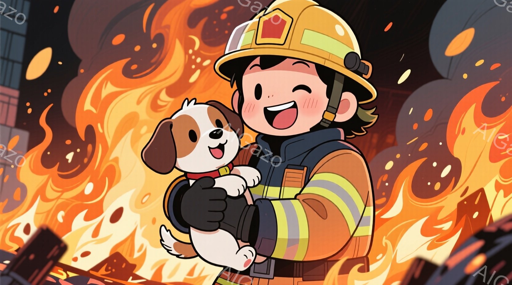 消防士の制服を着た少年が、小さな犬を抱きかかえて微笑んでいます。少年は黒髪で、ヘルメットを被っており、表情は明るく、犬を大切に守ろうとしている様子が伺えます。背景は炎に包まれた建物で、緊急性と救出活動の緊迫感が伝わってくる状況です。