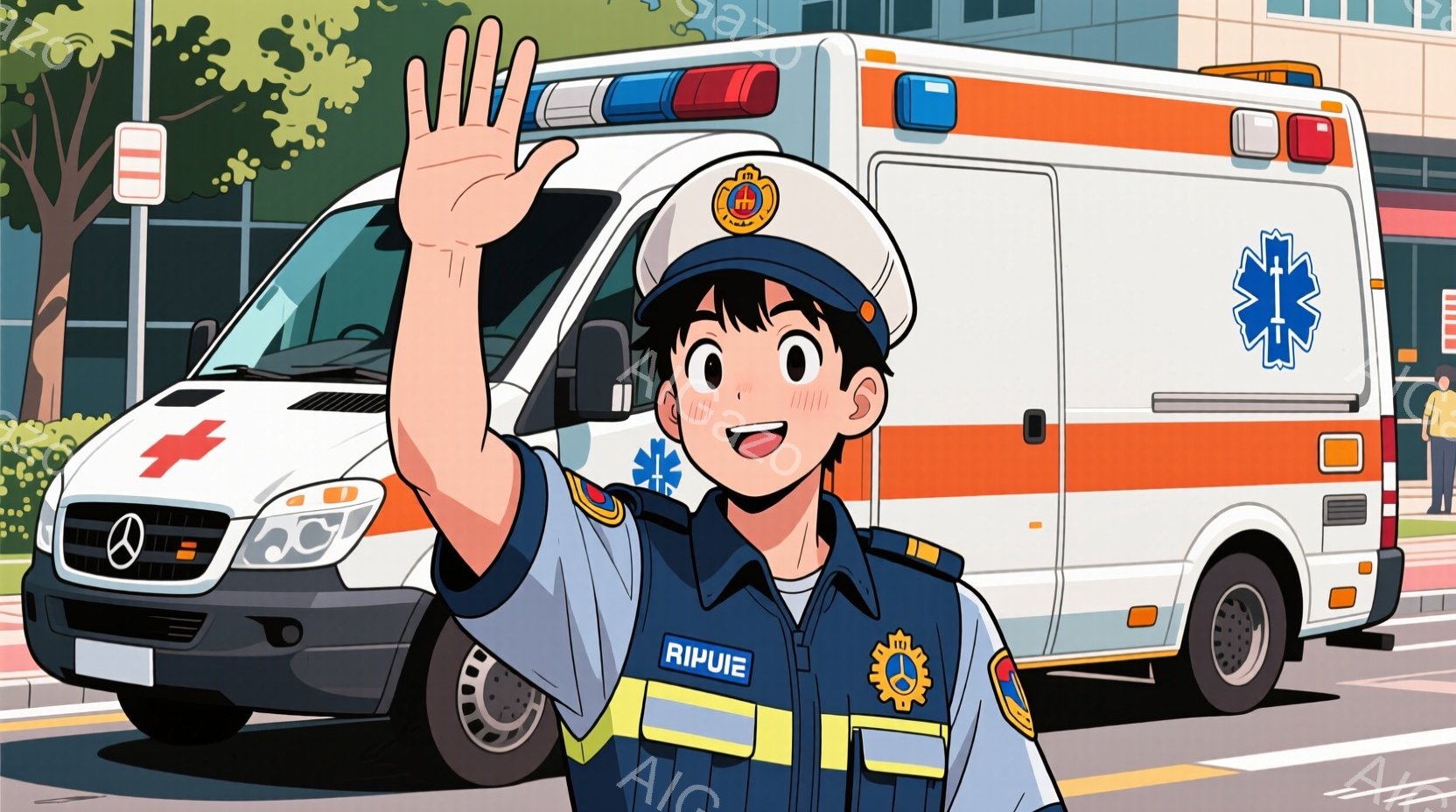 制服を着た若い男性救急隊員が、救急車を背景に笑顔で手を振っている様子を描いています。彼は紺色の制服に白いシャツ、黒い帽子を着用し、明るい表情で右手を上げています。背景には白い救急車、建物、木々が見え、 - AI生成フリー素材