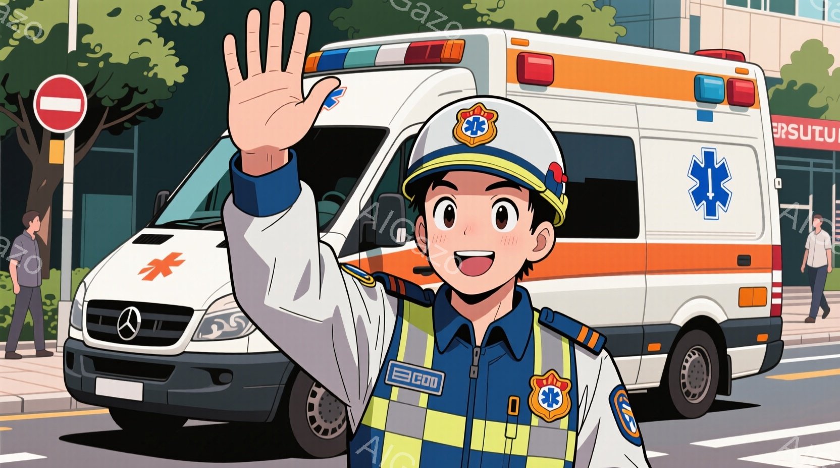 制服を着た若い救急隊員が、救急車の前で手を振っています。彼は短髪で、笑顔で、明るく元気な印象を与えます。背景には建物や木々が見え、晴れた日の街並みが描かれています。