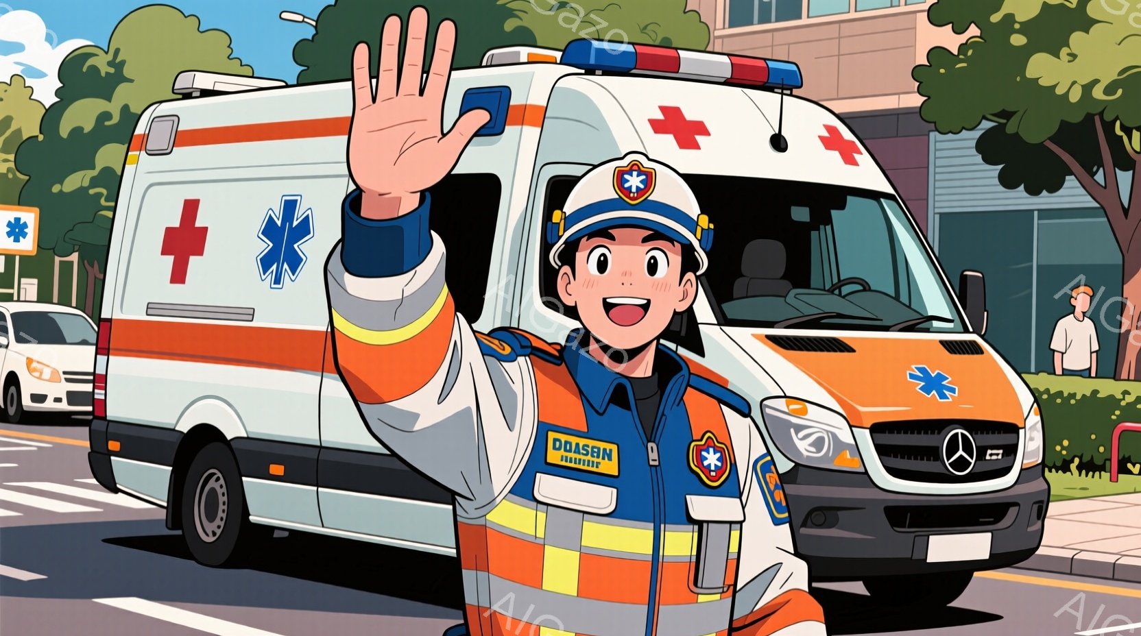 救急隊員と思われる若い男性が、救急車の前で手を振って笑顔を見せています。彼は青い制服と帽子を着用し、胸には所属を示すバッジが光っています。背景には、木々や建物が見え、晴れた日の穏やかな雰囲気を感じさせ - AI生成フリー素材