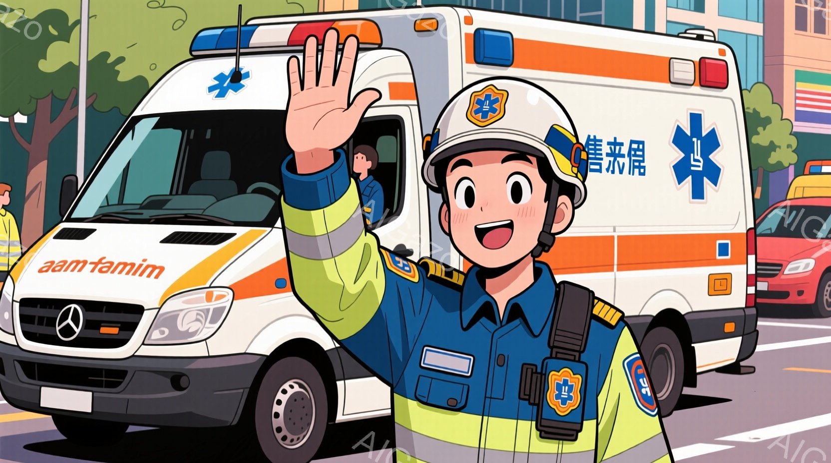 救急隊員と思われる若い男性が、救急車の前で手を振っています。彼は紺色の制服にヘルメットを着用し、笑顔で明るい表情をしています。背景には建物や木々が見え、晴れた日の賑やかな都市の様子が描かれています。