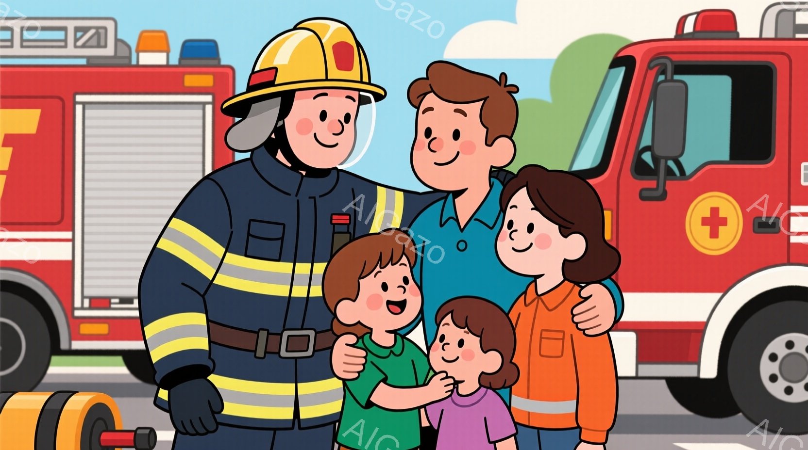 消防士の男性が、オレンジ色のベストを着た父親と、二人の子供たちと写っています。消防士はヘルメットを被り、子供たちはそれぞれ緑色と紫色の服を着ています。背景には赤い消防車があり、全体的に温かく、家族の絆を感じさせる雰囲気です。