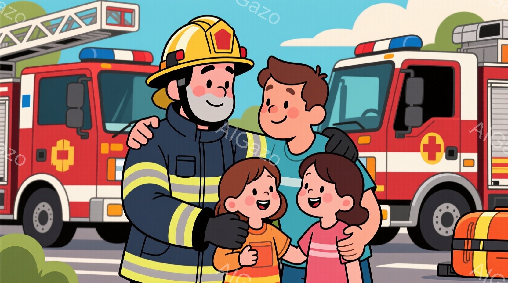 消防士が子供二人を抱きかかえて笑顔で立っています。消防士は黄色のヘルメットと制服を着ており、子供たちはそれぞれオレンジ色とピンク色の服を着ています。背景には赤い消防車と緑の植物があり、全体的に明るく温かい雰囲気です。