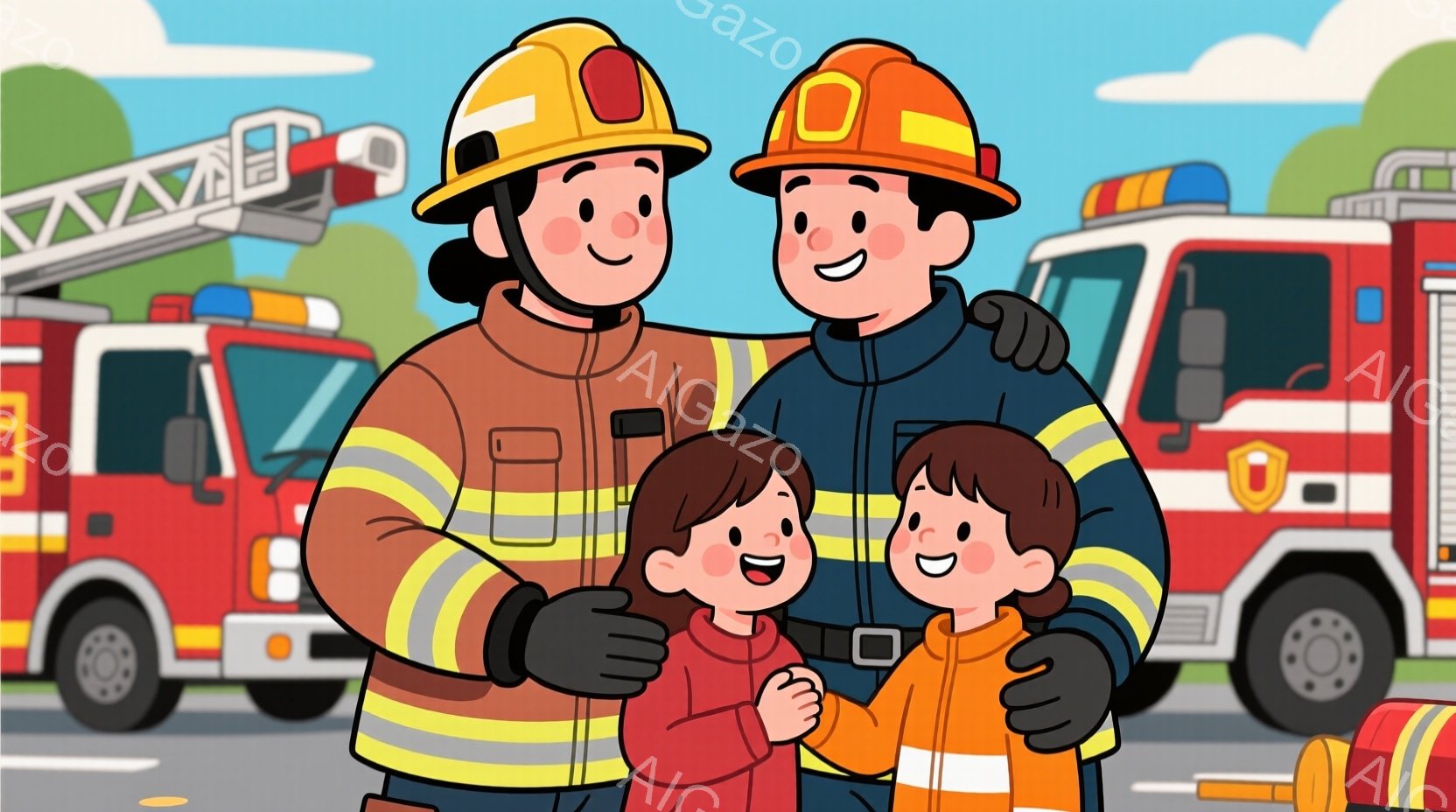 消防士らしき男性二人が、それぞれ幼い女の子と男の子を抱きしめています。彼らは皆笑顔で、消防士は防護服とヘルメットを着用しており、子供たちは赤いジャケットを着ています。背景には赤い消防車があり、背景は明 - AI生成フリー素材