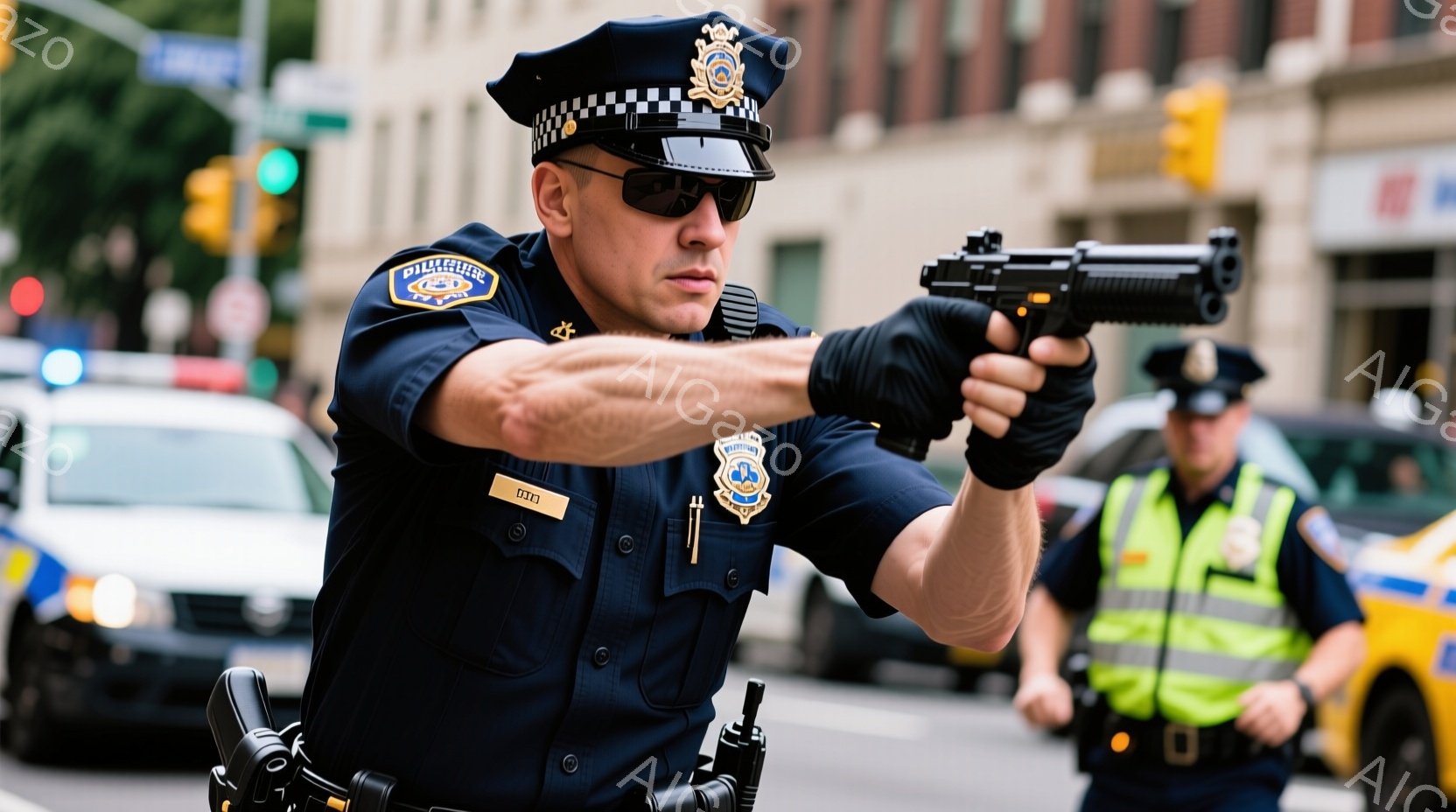 制服を着た警察官が、銃を構え、警戒している様子が写っている。彼は黒いサングラスをかけ、短髪で、真剣な表情をしている。背景には、タクシーや他の警察官、そして高層ビルが見え、都会の緊迫した状況が伝わる。 - AI生成フリー素材