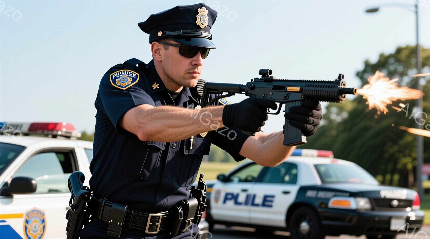 警察官が黒い制服、帽子、サングラスを着用し、銃を構えて発砲している様子が写っている。彼は真剣な表情で、銃口からは火花と煙が噴き出ている。背景には警察車両が停まっており、晴天の下、屋外で訓練または作戦行動を行っている状況が伺える。