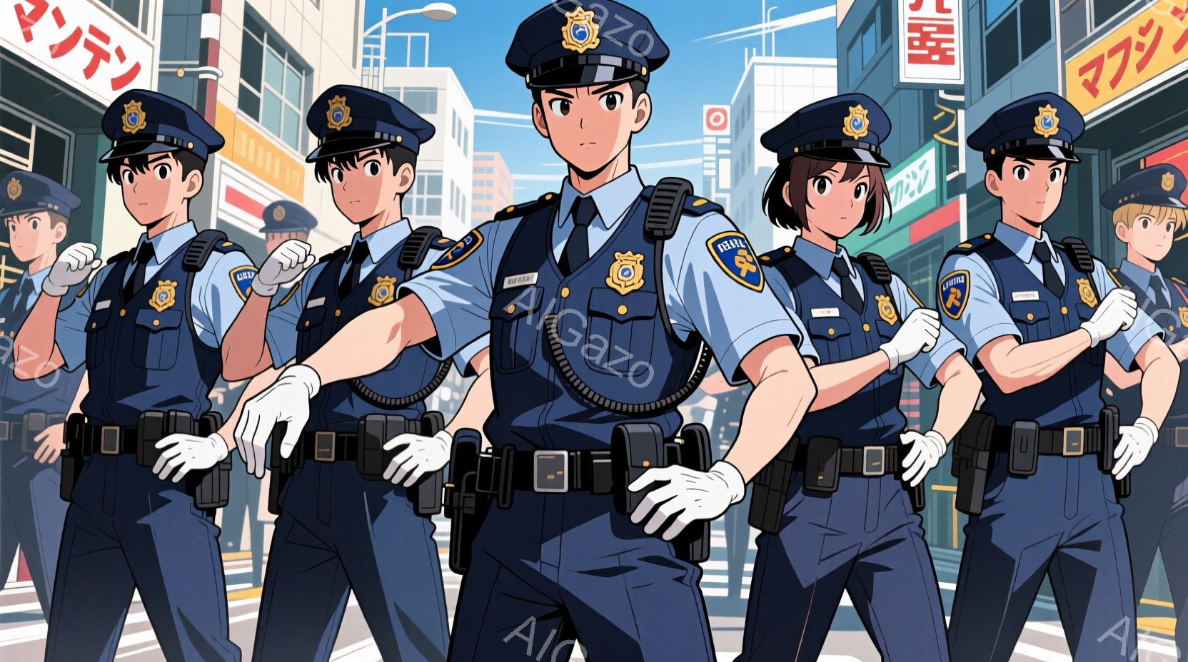 警察官と思われる複数の人物が、青い制服と帽子を着用し、整列して立っている。彼らは皆、右手を前に出し、真剣な表情で正面を見据えている。背景には高層ビルや商店街が見え、晴天の下、都会の街並みが広がっている。