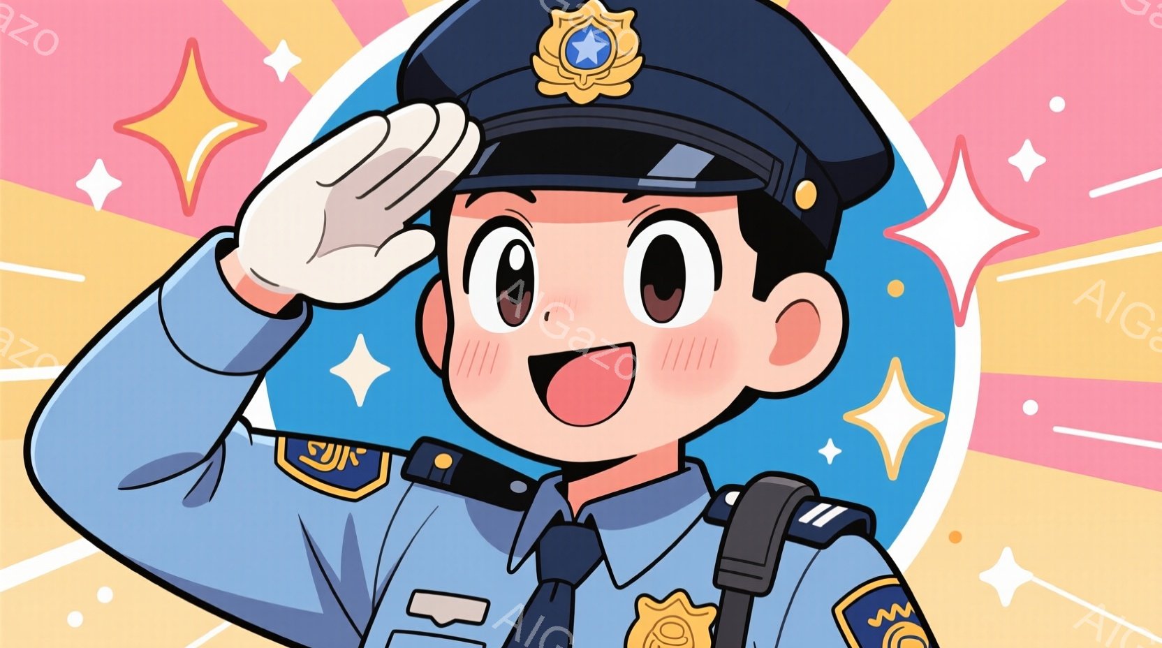 明るい水色の警察官制服を着た若い女性が描かれています。彼女は敬礼の姿勢で、笑顔を浮かべ、頬は赤くなっています。背景はピンクと水色で、きらきらとした星が散りばめられており、全体的に明るく元気な雰囲気です。