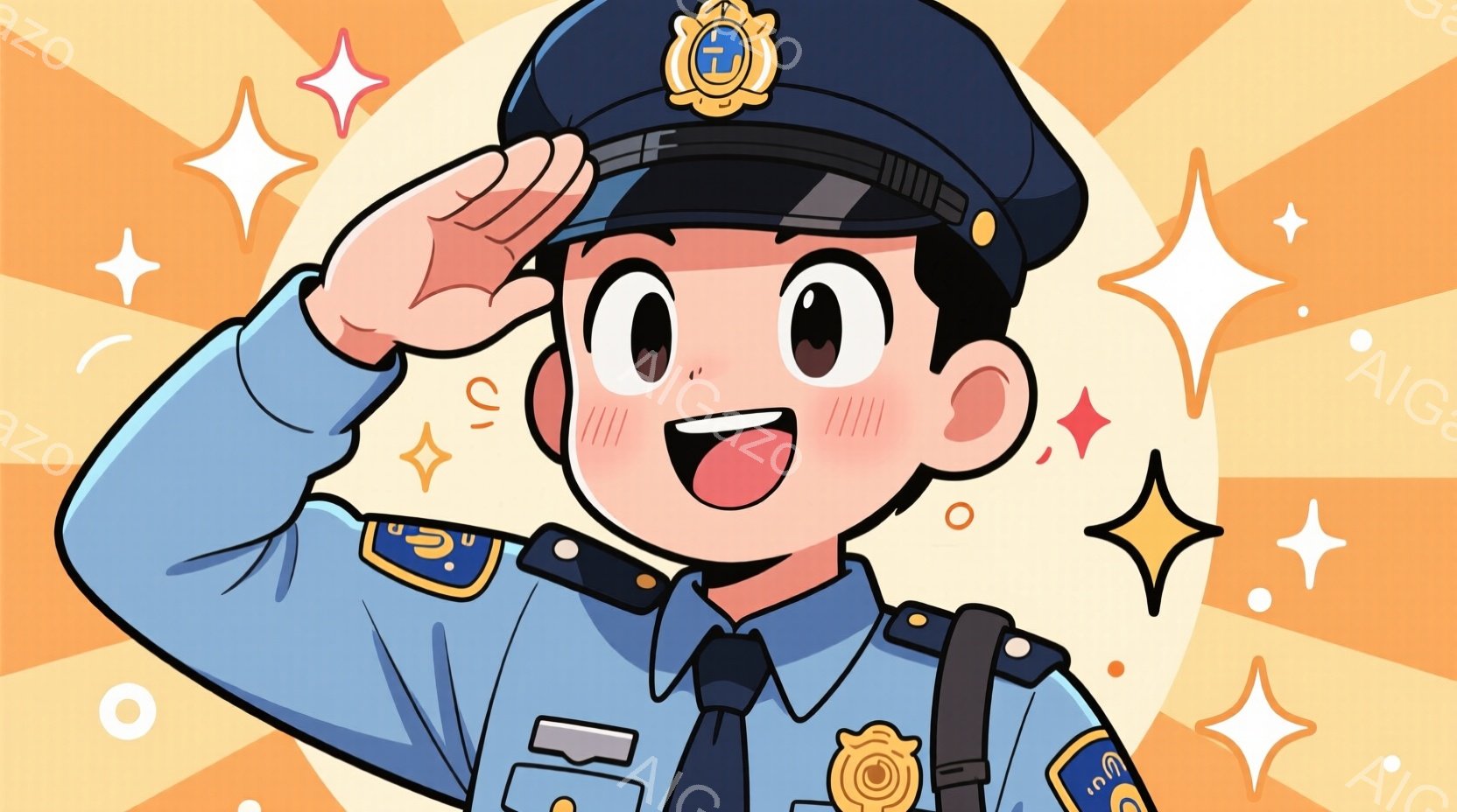 警察官の制服を着た少年が描かれています。少年は右手を額に当てて敬礼しており、顔は明るく笑顔で、頬は赤くなっています。背景はオレンジ色で、キラキラした星が散りばめられており、全体的に元気で明るい雰囲気が漂っています。