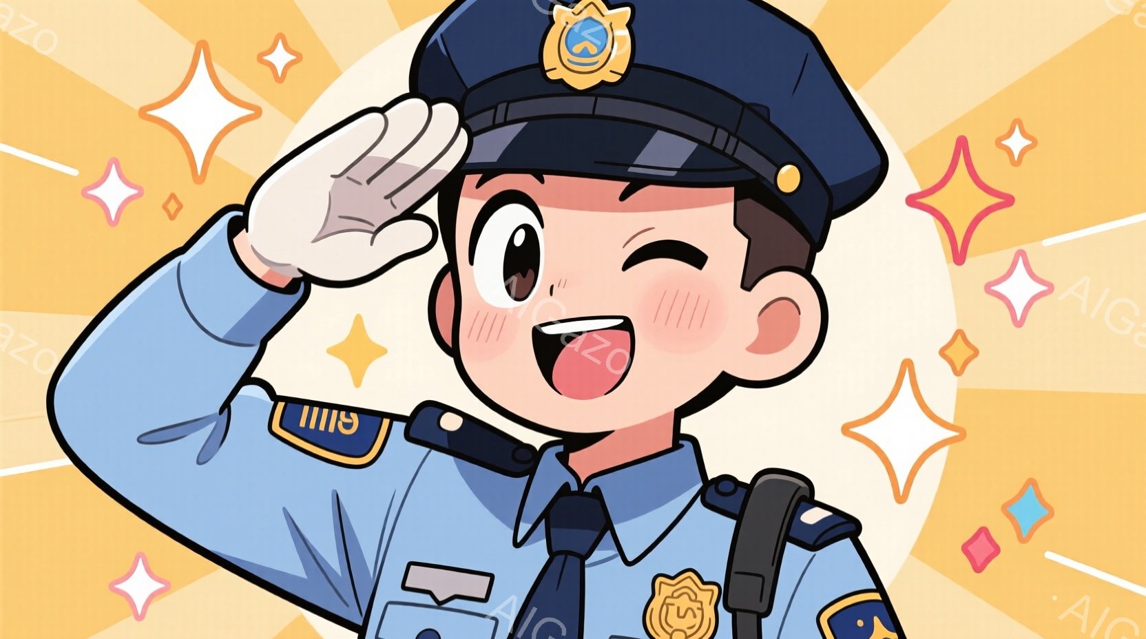 明るい青色の警察官制服を着た若い男性が描かれています。彼は敬礼の姿勢を取り、笑顔で頬を赤らめています。背景はオレンジ色で、様々な大きさの輝く星が散りばめられており、全体的に明るく元気な雰囲気です。