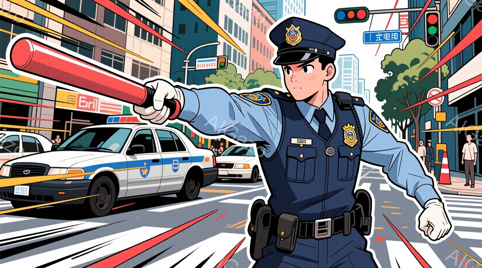 制服を着た警察官が、道路の真ん中で指示を出すように腕を伸ばしている。背景には、白と黒のパトカーが並び、高層ビルや緑の木々が見える晴天の都市風景が広がっている。全体的に、緊急事態における警察官の迅速な対応と、都市の活気を表現した力強いイラストである。