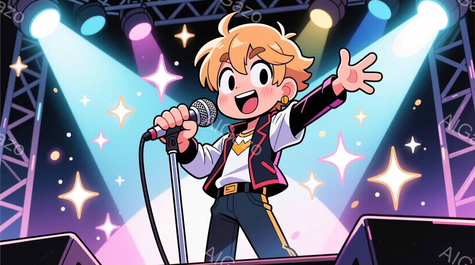 輝くステージライトの下、金髪の少年がマイクを握り、片手を上げて歌っている。少年は黒いTシャツに赤いジャケット、そして青いズボンというカジュアルな服装で、顔には喜びの表情が浮かんでいる。背景にはスピーカ - AI生成フリー素材