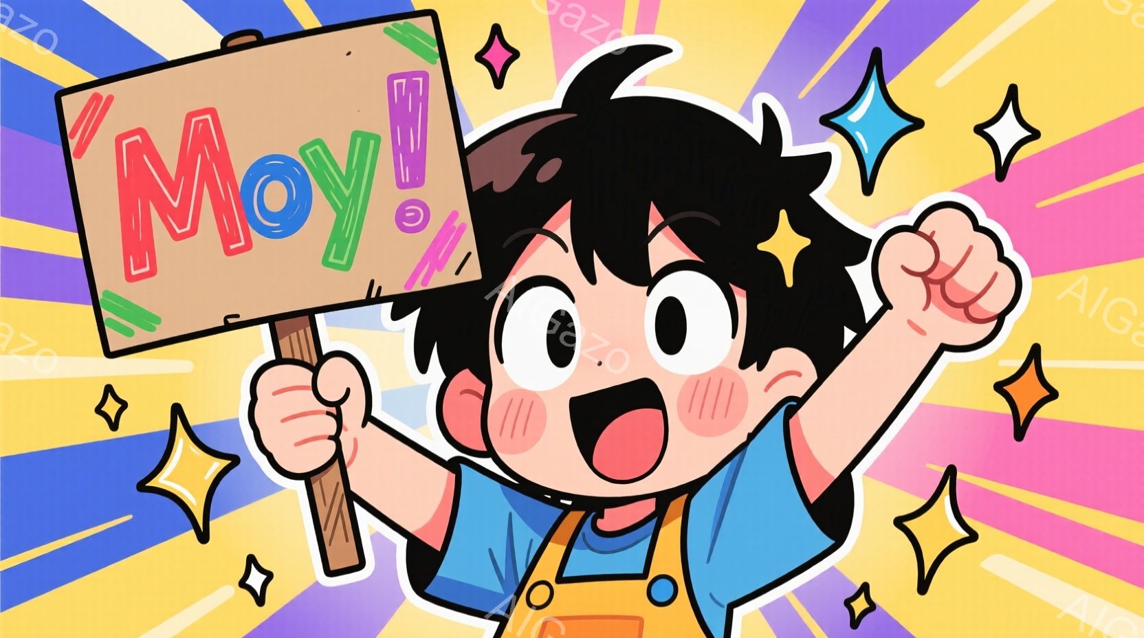 明るい笑顔の少年が描かれています。少年は水色のTシャツとオレンジ色のオーバーオールを着ており、黒い髪型は少し跳ねています。彼は片手に「MOY」と書かれたボードを持って、両手を高く上げて興奮している様子で、背景には黄色と水色の光線が放射状に広がっています。
