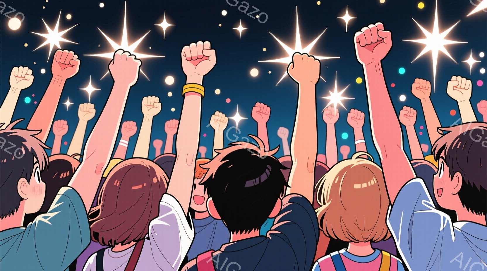 群衆が両手を高く上げて歓声を上げている様子を描いています。人々は様々な髪の色と服装をしており、興奮した表情を伺わせます。背景は暗い夜空で、星のような光が輝いており、お祭りやコンサートのような活気に満ちた雰囲気を醸し出しています。