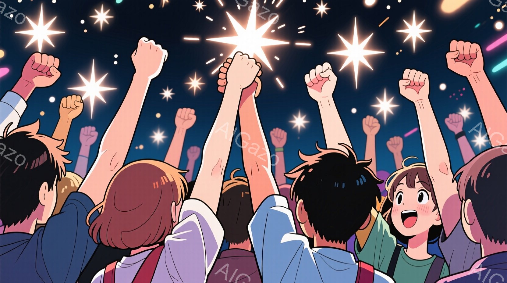 多くの人々が夜空に向かって拳を突き上げており、背景には星のような光が輝いている。登場人物は若者を中心としており、髪型や服装は様々だが、皆興奮した表情で、お祝いの雰囲気が漂っている。空には無数の光が散りばめられ、まるで花火大会のような幻想的な光景が広がっている。