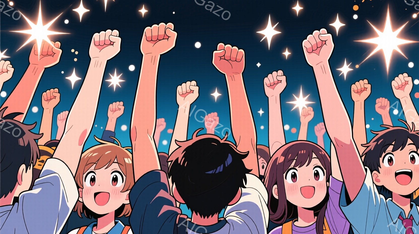 夜空を背景に、複数の人物が両手を高く挙げ、歓声を上げている様子を描いています。登場人物はアニメ風のイラストで、明るい表情をしており、若い女性はショートヘアとロングヘアで、制服のような服装をしています。背景は暗い青色で、多くの星と光の粒子が散りばめられており、活気に満ちたお祝いの雰囲気を醸し出しています。