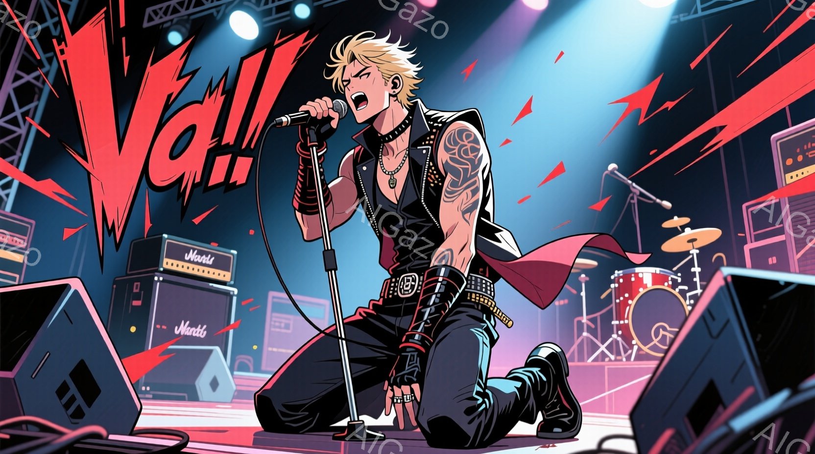 金髪で逆立ったヘアスタイルをした男性が、コンサート会場で膝をついてマイクに向かって歌っています。彼は革ジャン、黒いズボン、ブーツを身につけ、タトゥーが入った腕を露出させており、非常にエネルギッシュな表情をしています。背景にはスピーカーやドラムセットが配置され、赤い光のラインが走り、ライブパフォーマンスの興奮と熱気を伝えています。