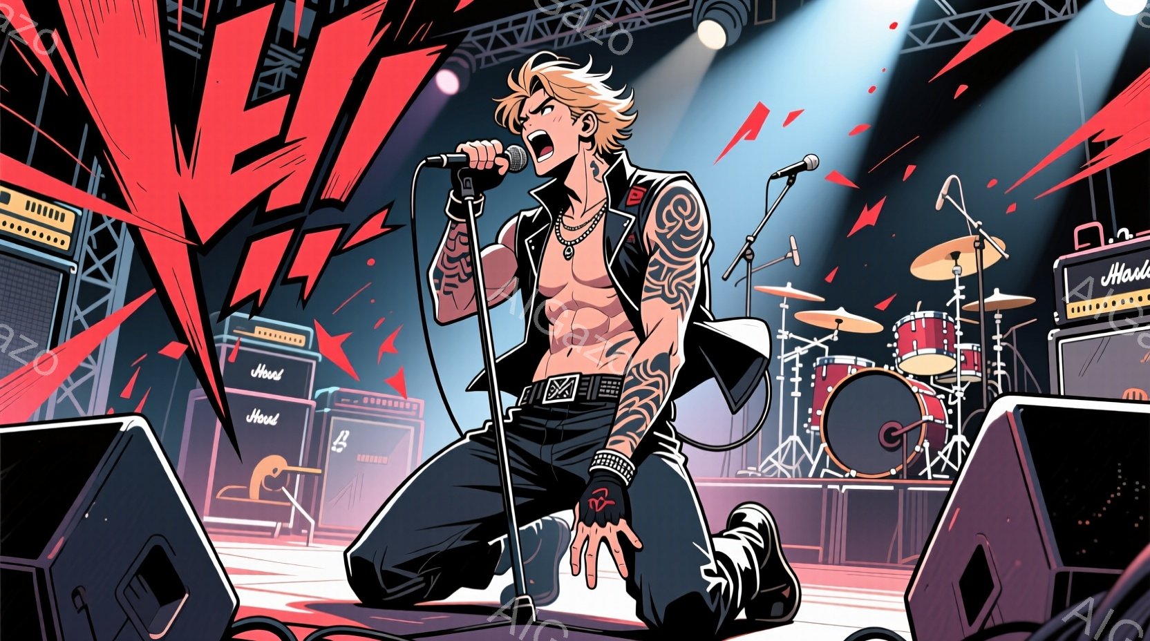 金髪で逆立てた髪型をした若い男性が、ステージ上で膝をつき、マイクに向かって歌っている。彼は上半身裸で、タトゥーが刻まれた筋肉質な腕を見せ、黒いズボンとブーツを履いている。背景には、スピーカーやドラムセ - AI生成フリー素材