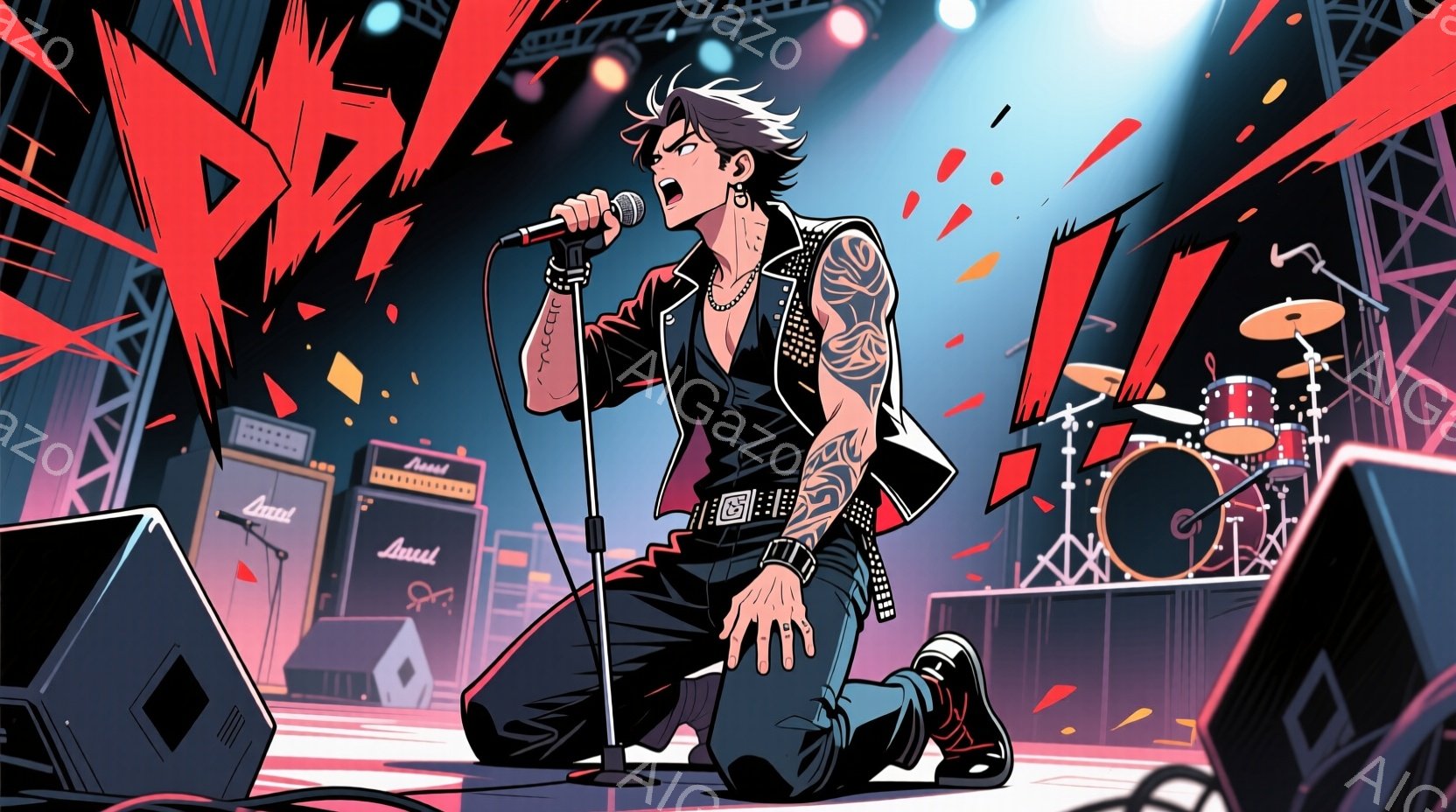 膝をついてマイクに向かって歌う男性が描かれています。彼は黒い革ジャン、タンクトップ、そして黒いズボンを着用し、腕にはタトゥーが入っています。背景には、スピーカー、アンプ、ドラムセットなどのステージ設備が配置され、赤い光が強烈に照らされた、ロックコンサートの熱狂的な雰囲気が表現されています。