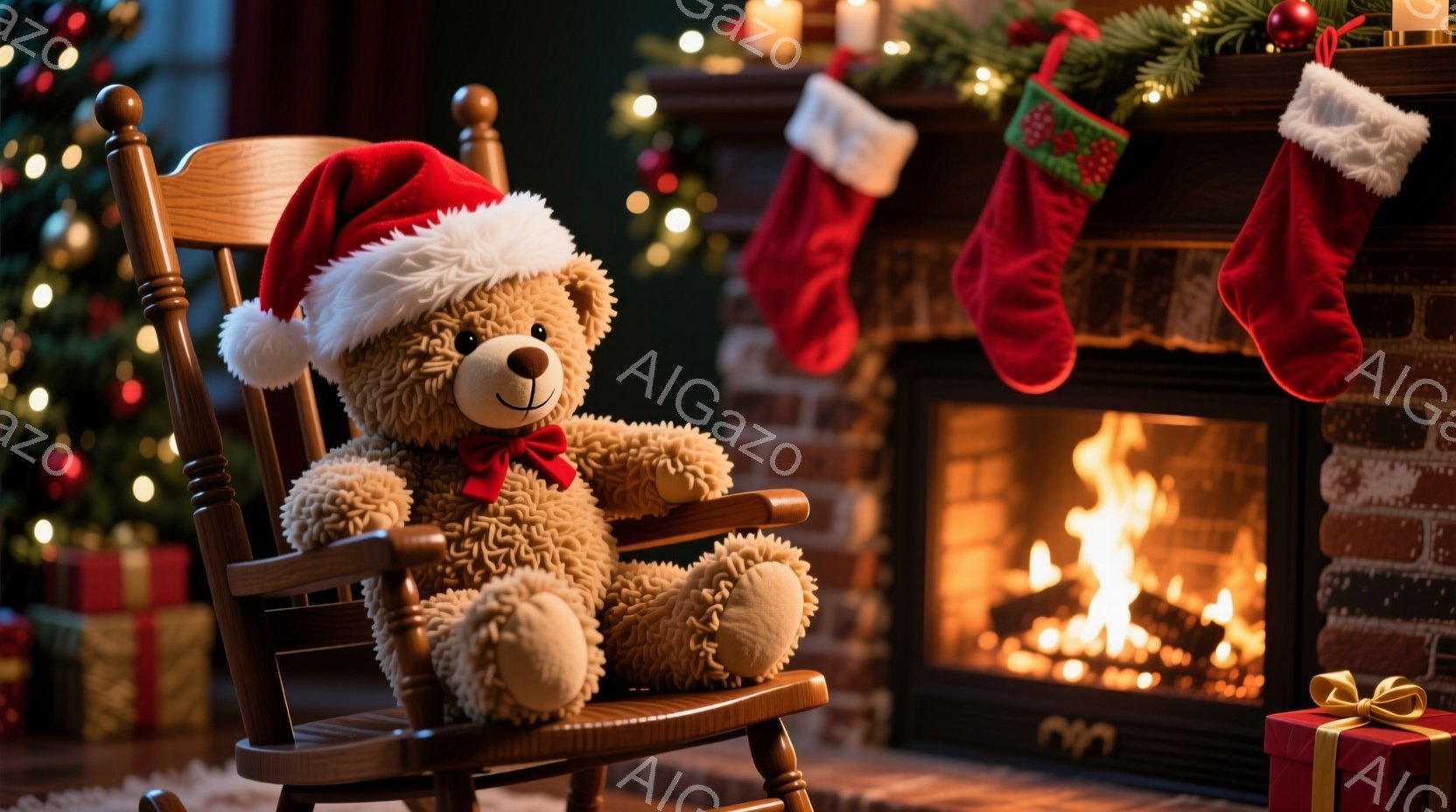 暖炉の前にロッキングチェアに座ったテディベアが描かれています。ベアは赤いサンタ帽をかぶり、赤いリボンで結ばれており、穏やかな表情をしています。背景にはクリスマスツリーの光、暖炉の炎、そしてクリスマスストッキングが見られ、温かく、お祝いの雰囲気を醸し出しています。