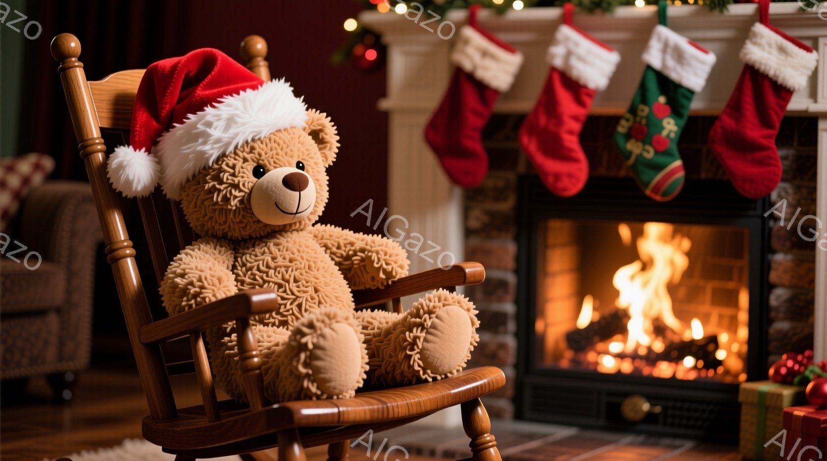 温かい暖炉の前で、サンタ帽をかぶったテディベアがロッキングチェアに座っています。テディベアは優しい表情で、リラックスした姿勢です。背景には、クリスマスソックスが飾られ、プレゼントの箱が置かれており、暖かく、心地よいクリスマスの雰囲気が漂っています。
