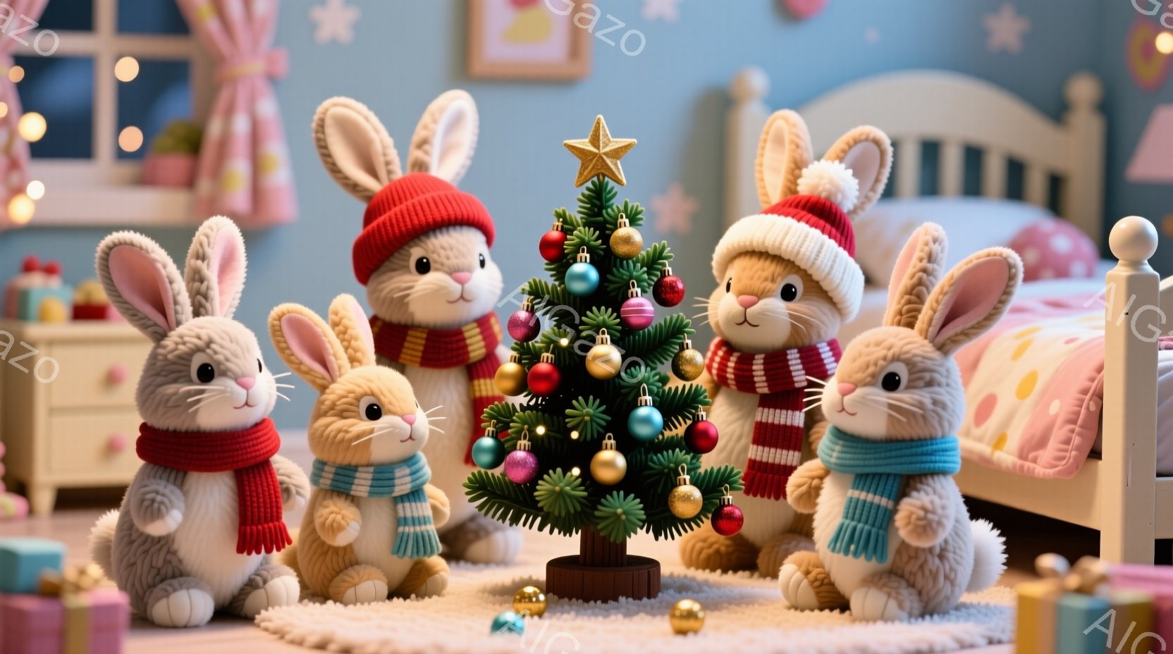 ふわふわの毛並みを持つウサギたちが、クリスマスの装飾がされた部屋でクリスマスツリーを囲んでいます。それぞれ赤いまたはクリーム色のニット帽とストライプのスカーフを身に着け、愛らしい表情をしています。背景 - AI生成フリー素材