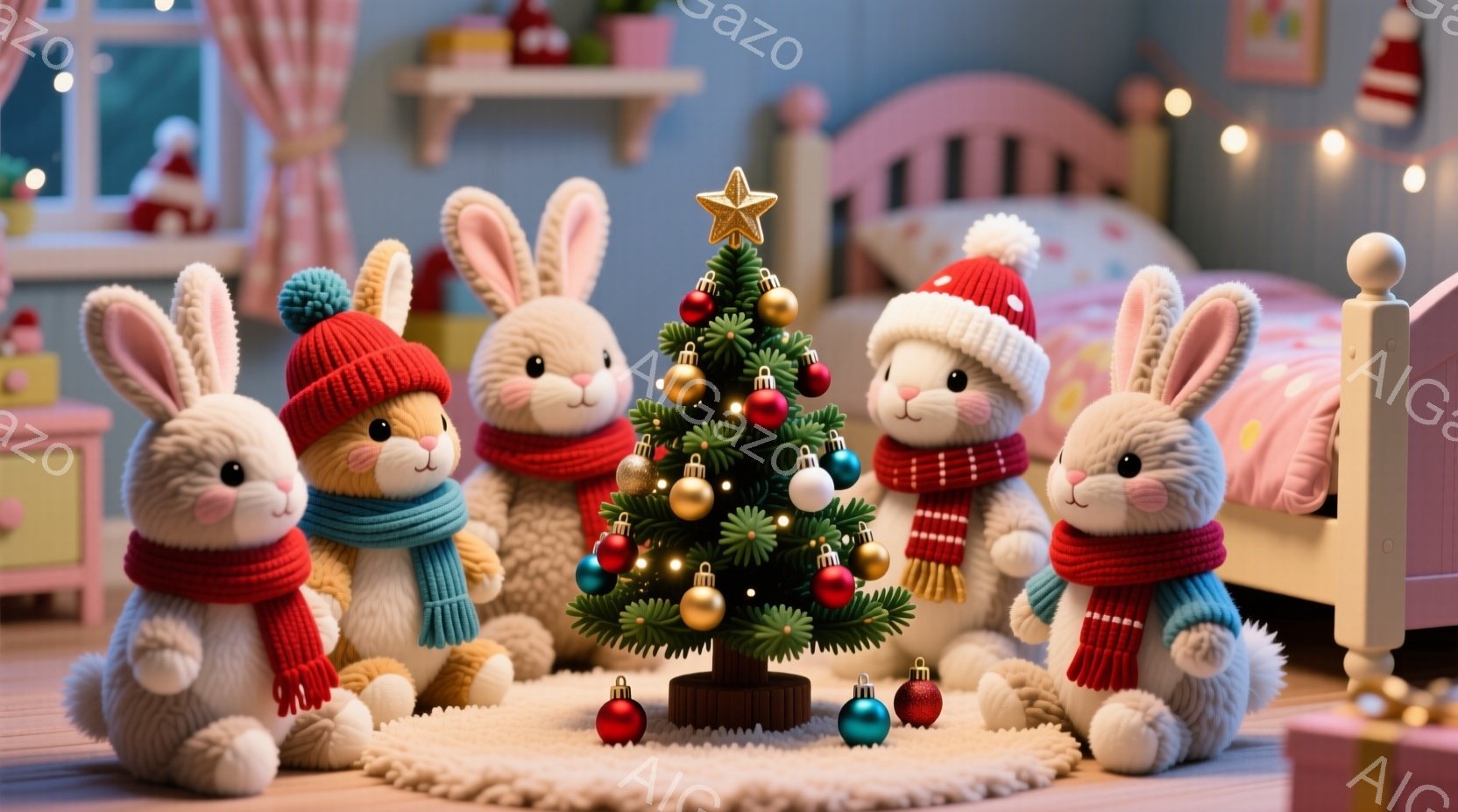 暖炉のそばの可愛らしい部屋で、クリスマスの衣装を着た四匹のウサギがクリスマスツリーの周りに集まっている。ウサギたちは赤い帽子とスカーフを身につけ、それぞれ異なるポーズでリラックスした表情を浮かべている - AI生成フリー素材